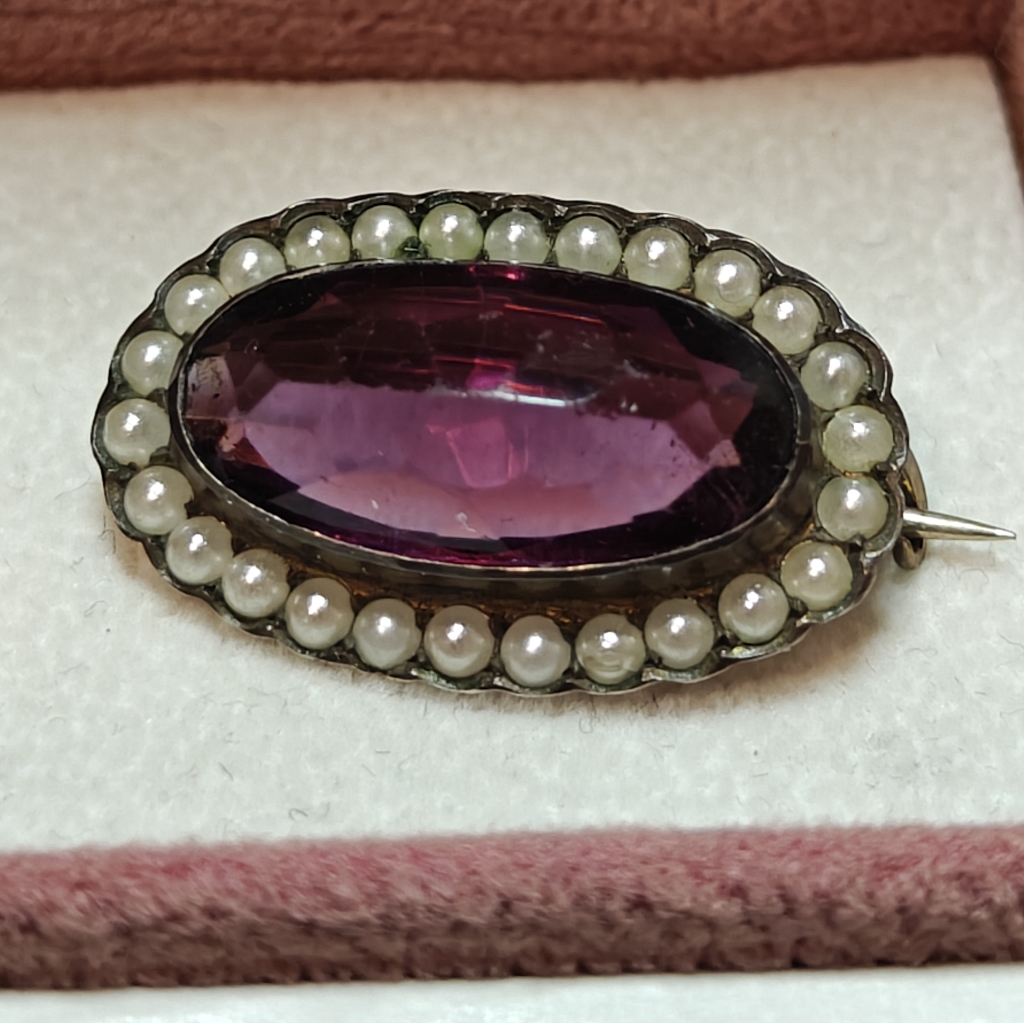 Antique Victorian Amethyst Paste Stone & Seed Pearls Tiny Pin Brooch